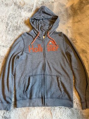 Hollister men’s Gray Zip-Up Hoodie with Orange Accents